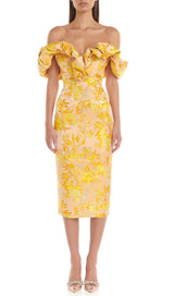 JACQUARD OFF SHOULDER MIDI DRESS IN YELLOW styleofcb
