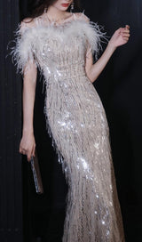 CHAMPAGNE FEATHER SEQUIN MAXI DRESS styleofcb