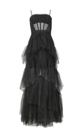 TIERED RUFFLE TULLE EVENING MAXI DRESS Dresses styleofcb XS BLACK