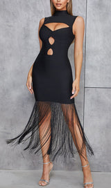 SLEEVELESS HOLLOWED OUT FRINGE DRESS IN BLACK styleofcb