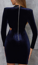 VELVET HOLLOWED OUT V-NECK DRESS IN DARK BLUE styleofcb