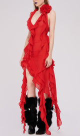 PLUNGING NECKLINE RUFFLE DRESS IN RED styleofcb