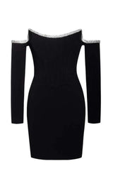 Annika Black Off Shoulder Long Sleeve Corset Dress With Crystal Trim Dresses styleofcb