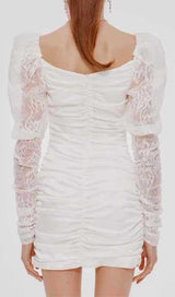 PLEATED DRESS WITH LACE PUFFED SLEEVES IN WHITE styleofcb