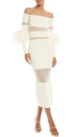 BANDAGE OFF-SHOULDER FEATHER MIDI DRESS IN WHITE styleofcb
