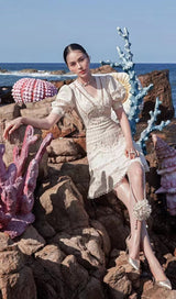 LACE V-NECK MIDI DRESS IN WHITE DRESS STYLE OF CB