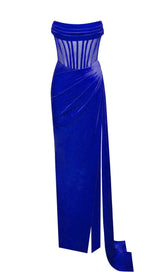PRIYA ROYAL BLUE DRAPING CORSET HIGH SLIT VELVET GOWN Dresses styleofcb