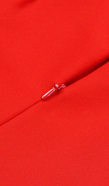 STRETCH STRAPLESS FEATHER TRIMMED GOWN IN RED styleofcb