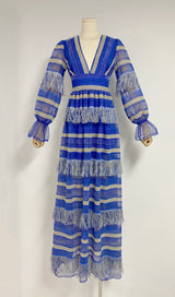 DEEP V TASSEL BLOUSON SLEEVES MAXI DRESS IN BLUE styleofcb