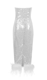SEQUIN FEATHER MIDI DRESS IN WHITE styleofcb
