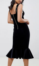 FISHTAIL HEM VELVET SUSPENDER MIDI DRESS IN BLACK styleofcb