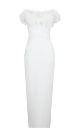 FEATHER BODYCON MAXI DRESS IN WHITE Dresses styleofcb