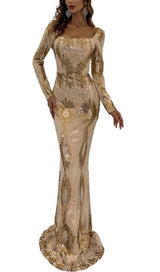 LONG SLEEVES WITH PRINT MAXI DRESS IN GOLD styleofcb