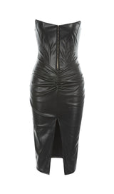LEATHER STRAPLESS MIDI DRESS IN BLACK styleofcb
