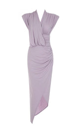 DEEP V-NECK SMALL FLYING-SLEEVED HIGH-RISE DRESS IN LIGHT PURPLE styleofcb