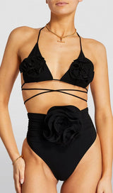 FLORAL APPLIQUÉ TRIANGLE BIKINI SUIT IN BLACK styleofcb