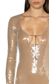 SEQUINED WITH LONG SLEEVES AND BACKLESS DRESS IN KHAKI styleofcb