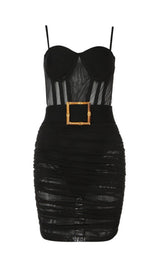 GAUZE TRANSPARENT BAMBOO BUCKLE BELT DRESS IN BLACK styleofcb