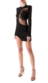 EMBELLISHED LONG SLEEVE BANDAGE MINI DRESS IN BLACK styleofcb