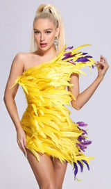 ASYMMETRIC FEATHER MINI DRESS IN YELLOW styleofcb