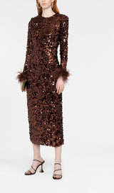 SEQUIN FEATHER LONG SLEEVES MIDI DRESS styleofcb