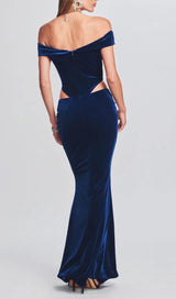 OFF SHOULDER WAIST HOLLOW VELVET MAXI DRESS IN BLUE styleofcb