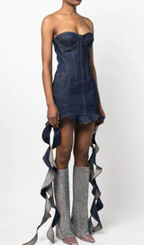 STRAPLESS DRAPED RUFFLE DENIM DRESS Dresses Oh CICI