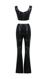 CRYSTAL EMBELLISHMENTS LEATHER TWO PIECE SUIT IN BLACK styleofcb