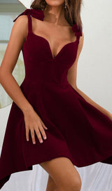 BOW SHOULDER STRAP VELVET SUSPENDER DRESS IN BURGUNDY styleofcb