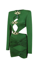 SATIN HEAVYWEIGHT CUT-OUT VINTAGE MINI DRESS IN DARK GREEN styleofcb