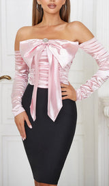 SPLICING ONE LINE SHOULDER LARGE BOW DRESS IN BLACK AND PINK styleofcb
