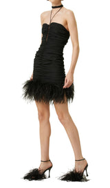 SEXY STRETCH OFF-SHOULDER FEATHER MINI DRESS IN BLACK styleofcb