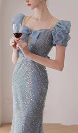 SEQUIN PUFF SLEEVE MAXI DRESS IN BLUE Dresses styleofcb