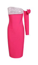 ONE-LINE SHOULDER WITH LARGE BOW IRREGULAR DRESS IN PEACH PINK styleofcb