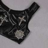 CRYSTAL EMBELLISHMENTS LEATHER TWO PIECE SUIT IN BLACK styleofcb