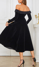 VELVET LACE ONE PIECE NECKLINE VINTAGE MIDI DRESS IN BLACK styleofcb