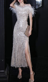 CHAMPAGNE FEATHER SEQUIN MAXI DRESS styleofcb