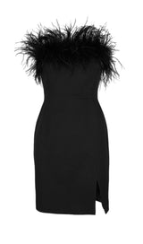 STRAPLESS FEATHER MINI DRESS IN BLACK styleofcb