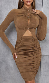 CARAMEL TURTLENECK WAIST HOLLOW PLEATED DRESS styleofcb