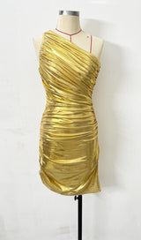 ONE SHOULDER RUCHED MINI DRESS IN GOLD Dresses styleofcb