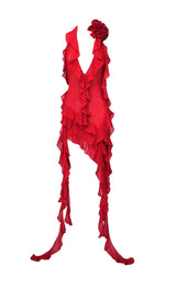 PLUNGING NECKLINE RUFFLE DRESS IN RED styleofcb