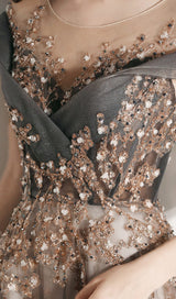 MESH HEAVY RHINESTONE COURT MAXI DRESS IN GREY styleofcb