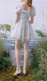 PUFF FLORAL-PRINT MINI DRESS IN GRAYISH-BLUE DRESS STYLE OF CB
