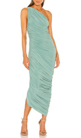 PLEATED SLEEVELESS ONE-SHOULDER DRESS IN GREEN styleofcb