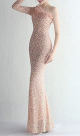 ONE-SHOULDER PUFF SLEEVE SEQUIN STITCHED MAXI DRESS Dresses styleofcb