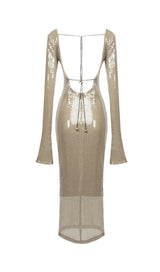 SEQUINED WITH LONG SLEEVES AND BACKLESS DRESS IN KHAKI styleofcb
