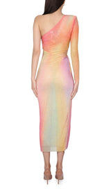 MESH RHINESTONE ONE SHOULDER MIDI DRESS IN COTTON CANDY DRESS STYLE OF CB