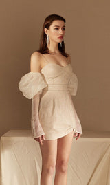 STRAPLESS BUBBLE SLEEVE DRESS IN BEIGE styleofcb