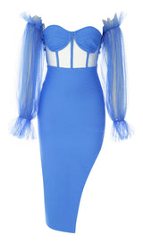 PUFF SLEEVE BODYCON MIDI DRESS IN BLUE Dresses styleofcb