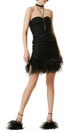 SEXY STRETCH OFF-SHOULDER FEATHER MINI DRESS IN BLACK styleofcb